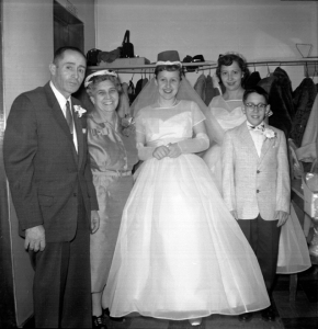 Here is the Matile family at my sister Elaine's wedding in 1957. Eileen, standing behind Elaine, has yet to marry Dick Neely.