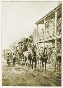 In the 1830s and 1840s, the arrival of the mail stagecoach was an exciting community event, as this illustration from Stage-Coach and Tavern Days by Alice Morse Earle (1902) suggests.