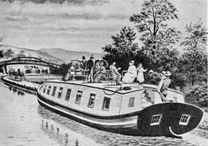 A typical Erie Canal passenger packet boat of the 1850s. Packet canal and steamboats sailed on regular schedules. Regular cargo vessels of the era only sailed when they had full cargoes.