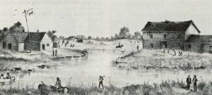 The taverns at Wolf Point where the north and south branches of the Chicago River merged were typical of inns of the 1830s. The Wolf Tavern, with sign, is at left, while Miller's Tavern sits on the riverbank at right.