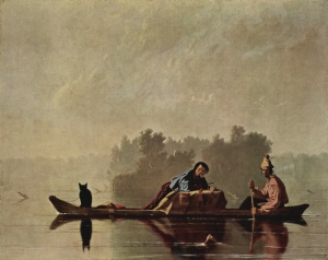Dugout canoes proved more sensible for traders and explorers in areas south of the paper birch's range. They, in turn, were replaced by batteaux, large flat-bottomed boats, along with other varieties of oared boats including the York Boat and the Mackinac Boat. This excellent illustration of a fur trade era dugout is Fur Traders on Missouri River, painted by George Caleb Bingham, painted about 1845.