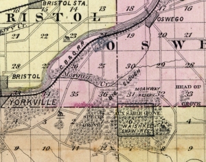 Specie's claim in what is today Kendall County included the grove named after him. This 1876 map shows the grove's relation to Oswego and Yorkville.