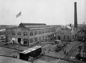 The CB&Q Aurora Shops car department, woodworking mill in 1898 where my grandfather worked building boxcars and cabooses. The smaller building at right was the steam power plant where my great-grandfather worked.
