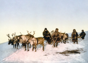 Siberians with their reindeer and sleds in a photo taken in the late 19th Century.